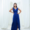 The Center Dress in navy, a silk wrap maxi dress with a surplice V neckline and a tied waist.