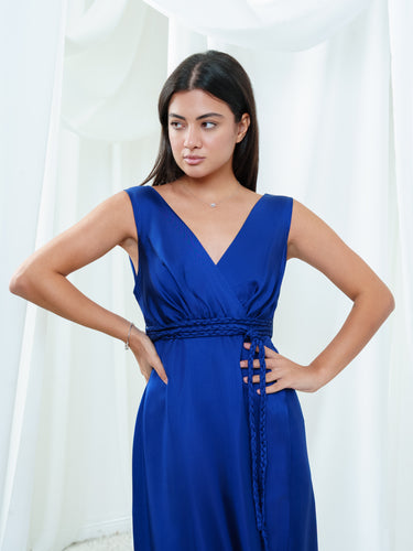 Top half of the seamed waist and self-tie on the Center Dress in navy silk twill.